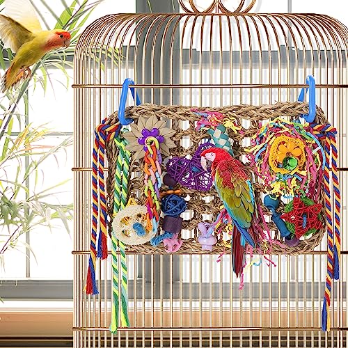 Bird Toys, Bird Foraging Shredding Toys for Parrot Parakeet Seagrass Woven Mat Chew Toys Hanging Hammock Toy for Lovebirds, Conures, Cockatiel, Finch and Small Birds (Hammock Wall) - style: Hammock Wall