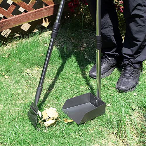 Dog Pooper Scooper, Dog Poop Tray and Rake Set with Long Stainless Handles | Pet Waste Removal Scoop with Adjustable Sectional Handles - color: Silver/Black
