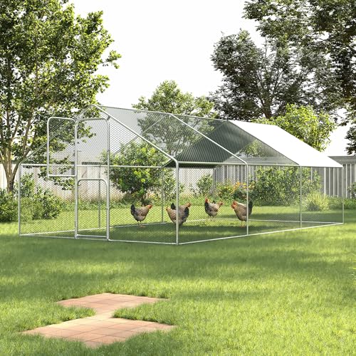 UDPATIO Large Metal Chicken Coop Run House, Walk in Heavy Duty Outdoor Enclosure w/Cover for 30+ Chickens, Ducks, Rabbits - Predator Proof Poultry Pen Habitat Hutch | Double Feed Door UV-Resistant Cover Galvanized Frame Outdoor Cage for Bird Duck Rabbit H