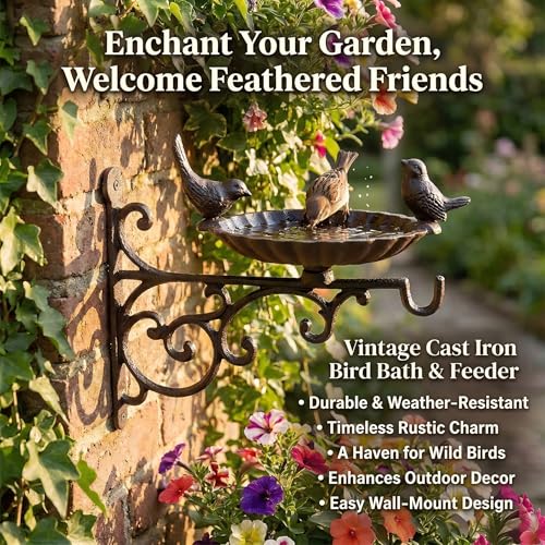 Cast Iron Bird Bath Feeder, Wall Mounted Bird Bath, Black Metal Garden Planter Hanger with Hanging Bracket, Wall Hook for Lanterns, Wind Chimes and More Garden Decorative Items