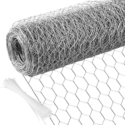 Chicken Wire 15.7 in x 590.5 in Poultry Wire Netting Hexagonal Galvanized Mesh Garden Fence Barrier for Pet Rabbit Chicken Fencing with 100 Pcs Cable Zip Ties - color: Silver, size: 15.7"x590.5"+100Ties