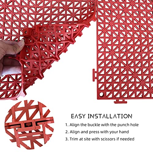 12 Pack Modular Interlocking Cushion 11.6" x 11.6" Rubber Mat Floor Tile Mats Drain Pool Patio Balcony Yard Pet Area Washer Pad(Red) - size: red