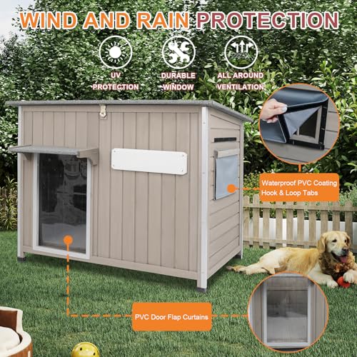 Outdoor Dog House Weatherproof, Wooden Puppy Shelter with Anti-Chewing Iron Frame and Elevated Floor, Sturdy Dog Kennel for Small, Medium & Large Dogs (Gray, 40" L x 26" W x 31" H) - size: 40" L x 26" W x 31" H