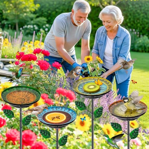 4 PCS Metal Bird Baths for Outdoors, Small Garden Bird Bath with Metal Stake, Hummingbird Feeder for Yard Lawn Decoration (Retro Double Color Splicing) - color: 4P - Retro Double Color Splicing