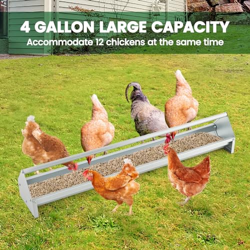 45 Inches Long Chicken Feeding Trough, Heavy Duty Galvanized Steel Chicken Feeder with Crossbar and Drainage Holes, Large Capacity Poultry Feeder Trough for Duck Geese Pigeon