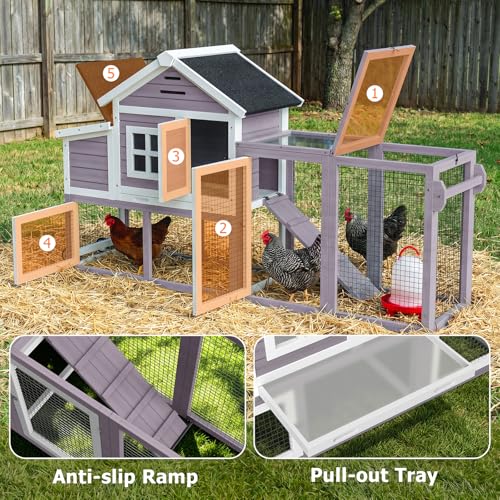 Chicken Coop with Run, Mobile Chicken Coop with Wheels for 4-6 Chickens, Large Outdoor Hen House with Nesting Box, Weatherproof Asphalt Roof, Pull-Out Tray for Small Animals in the Backyard - color: Grey