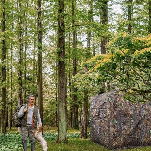 Hunting Blind 270/360 See Through Deer Blind, Pop Up Ground Blind | 2/3/4 Person Camouflage Tent, Portable Concealed Shelter with Carrying Bag, Silent Sliding Windows, Windproof Bottom Layer - size: 2-3 Person & Chair, style: 270