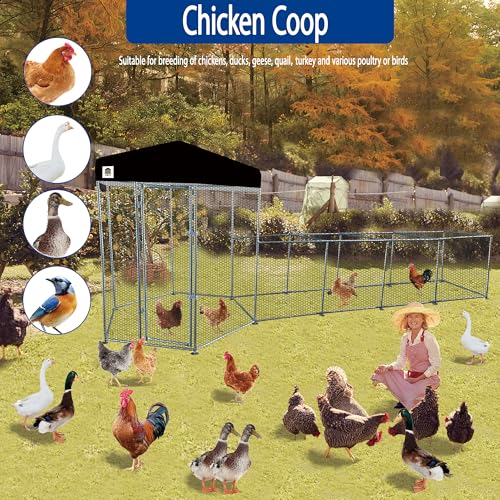 Hexagonal Metal Chicken coop with Cover for Yard, 19x6x7.5ft Large Chicken Run for 10 Chickens, Walk-in and Weatherproof Design Duck Pen, Thickened Black UV Protection Cover - size: 228.0"L x 90.0"W x 71.0"H