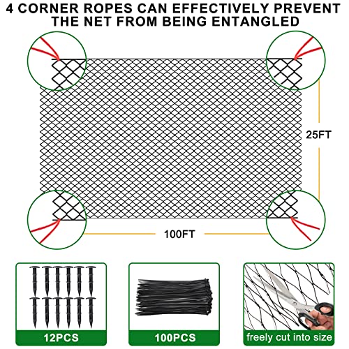 BSTPCOO Bird Netting 25'x100' with 3/4" Mesh Nylon Chicken Net Roof Hawk | Poultry Netting for Chicken Run, Aviary Net with Cable Ties, Garden Netting for Blueberry Bushes, Fruit Trees, Vegetable - size: 25'×100'-3/4''