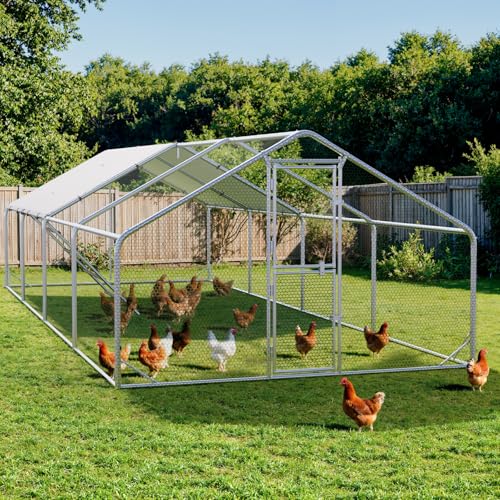 Sannwsg Large Metal Chicken Coop with Run, Walk in Chicken Pen with Waterproof Cover, Secure Lock, Heavy Duty Poultry Cage with Feeding Door for Outdoor Farm Use
