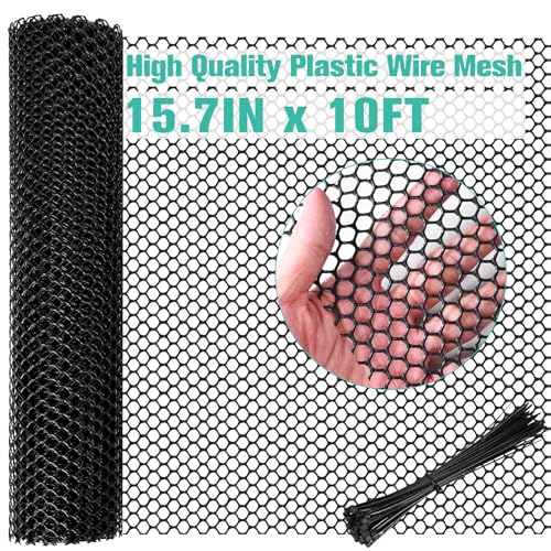 Plastic Mesh Fence Sheet 15.7IN x 10FT - 0.3IN Opening Plastic Chicken Wire Netting Roll Durable for Dogs, Poultry, Puppy, Garden Snake Barrier with 50 Pcs Zip Ties - Black - color: Black, size: 15.7IN x 10FT + 50Ties