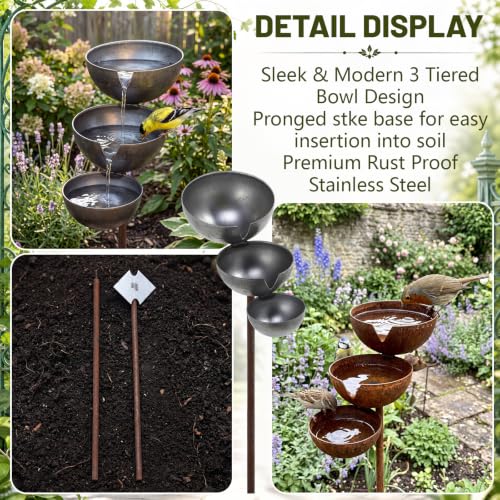 Hicarer 1 Pack 3 Bowl Stainless Steel Rain Catcher Garden Stake, Rust Proof Bird Bath Plant Support Water Stand Rain Collector for Garden Bee Butterfly Bird Feeder Outdoor Decor (3.9",3.1",2.3")