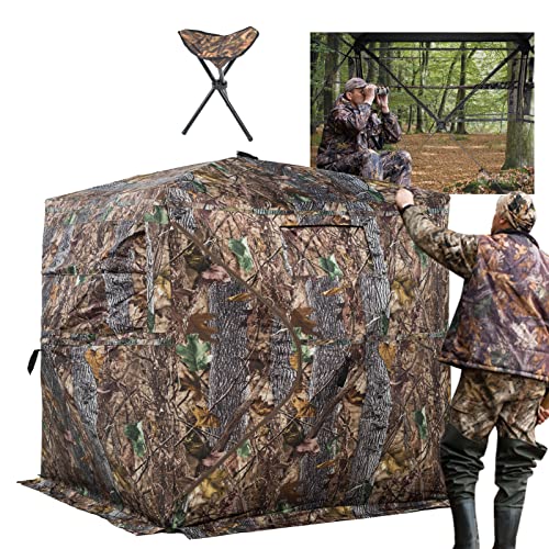 Hunting Blind 270/360 See Through Deer Blind, Pop Up Ground Blind | 2/3/4 Person Camouflage Tent, Portable Concealed Shelter with Carrying Bag, Silent Sliding Windows, Windproof Bottom Layer - size: 2-3 Person & Chair, style: 270