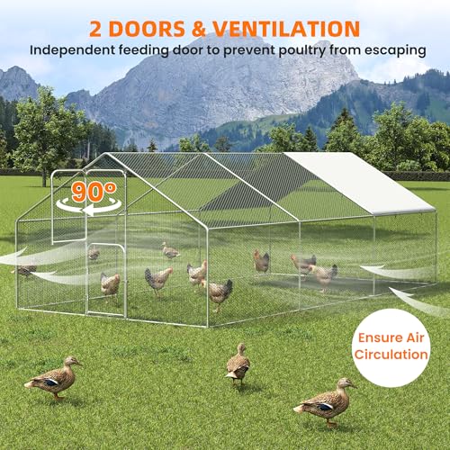 UDPATIO Large Metal Chicken Coop Run House, Walk in Heavy Duty Outdoor Enclosure w/Cover for 30+ Chickens, Ducks, Rabbits - Predator Proof Poultry Pen Habitat Hutch | Double Feed Door UV-Resistant Cover Galvanized Frame Outdoor Cage for Bird Duck Rabbit H