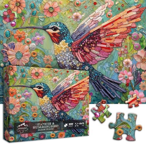 Hummingbird Puzzles for Adults 1000 Pieces, Nature Birds Flower Jewel Art Puzzle, Difficult Crystal Diamond Beautiful Garden Animals Jigsaw Puzzles, Colorful Floral Hard Challenging Puzzles for Adults - style: Flower & Hummingbird