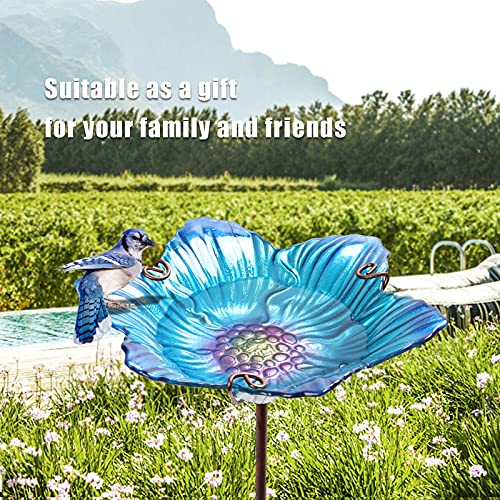 26" Glass Bird Bath, Outdoor Birdbath Bird Feeder Blue Flower Metal Stake | Bird Bath for Outside with Stable Metal Stake, Attracts Birds for Bathing and Adds Elegant Outdoor Garden Decor - color: Blue