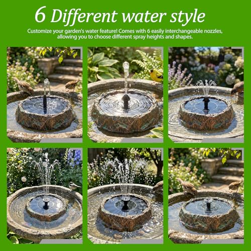 Solar Bird Bath Fountain,Premium Plastic Faux Stone Water Fountain Pump with 6 Nozzles,No Battery Water Feature for Birdbath,Garden,Patio,Small Pond Decoration 7.8" Bronze
