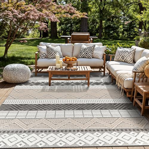 Rugshop Marbella Indoor/Outdoor Boho Deck Backyard Area Rug Gray 10' x 14' | Rectangular, Size 10' x 14', Patio, Porch, Balcony, Garden, Poolside, Sunroom, Outdoor Living, Weatherproof, All Weather - color: Grey, size: 10' x 14' (Rectangular)