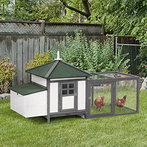PawHut 77" Wooden Chicken Coop with Nesting Box, Cute Outdoor Hen House with Removable Tray, Ramp Run, for Garden Backyard, Gray | Cute Design, Removable Tray, Ramp Run, for Garden Backyard - color: Gray