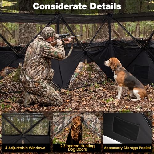 Goplus 4-Panel Hunting Blind, 3-Person See-Through Ground Blind Tent with Silent Windows, Dog Doors, Carrying Bag, Portable Resilient Field Camouflage Concealed Shelter for Duck Waterfowl Hunting