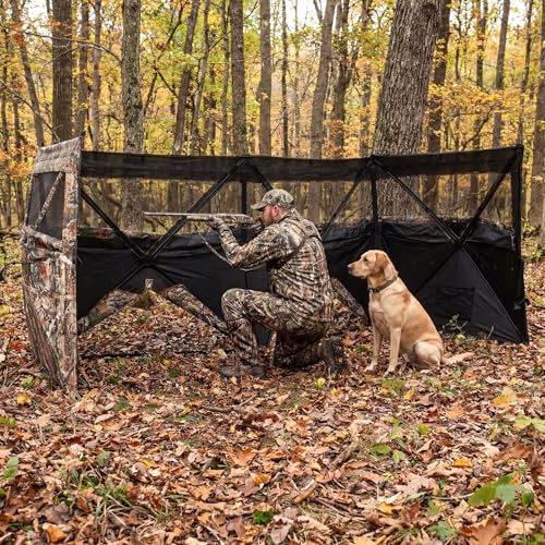 Goplus 4-Panel Hunting Blind, 3-Person See-Through Ground Blind Tent with Silent Windows, Dog Doors, Carrying Bag, Portable Resilient Field Camouflage Concealed Shelter for Duck Waterfowl Hunting