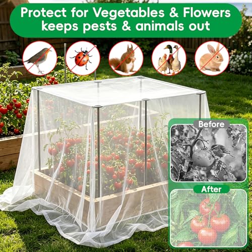 Metal Garden Netting Covers Kit, 6 Pack 2.6FT Poles, 10FTX13FT Mesh | Raised Beds, Garden Poles Support Stakes, 12 Clips, Insect Pest Barrier, Vegetables, Fruits, Flowers, Garden Protection - size: 2.6FT