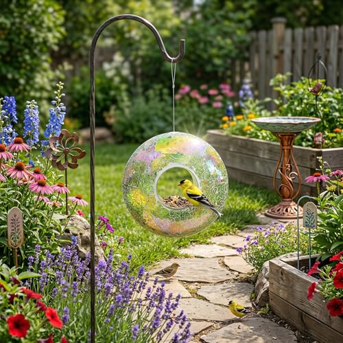 DUSVALLY Hanging Bird Feeder, 9 Inch Mosaic Glass Fly Through Bird Feeder | Mosaic Glass Bird Feeder • Fly Through Design • Hanging Outdoor Feeder • Drainage Hole • Easy to Fill & Clean - color: Green