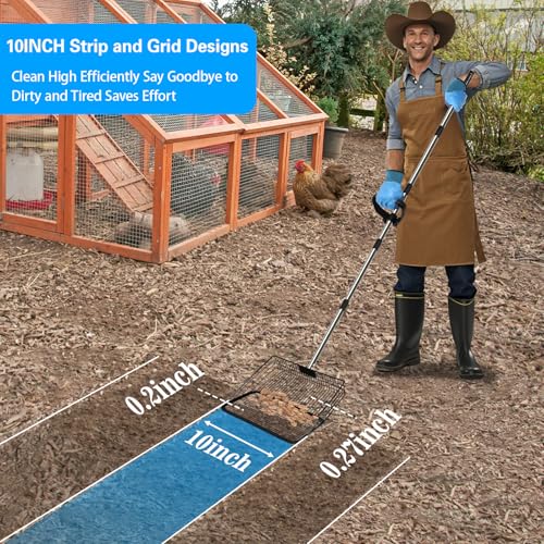 Large Chicken Poop Scooper Chicken Scooper for Poop with 37" to 75" Adjustable Stainless Steel Handle Gloves Litter Sand Sifting Shovel Cleaning Tool for Chicken Coop Goat Stall Stable - color: 10inch