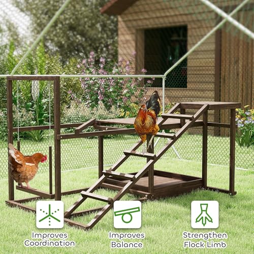 PawHut Wooden Chicken Coop Perches with Swing, Roosting Bars, Activity Play Set, Chicken Coop Accessory Toys for Coop, Coffee | Activity Play Set, Accessory Toys, Chicken Playground