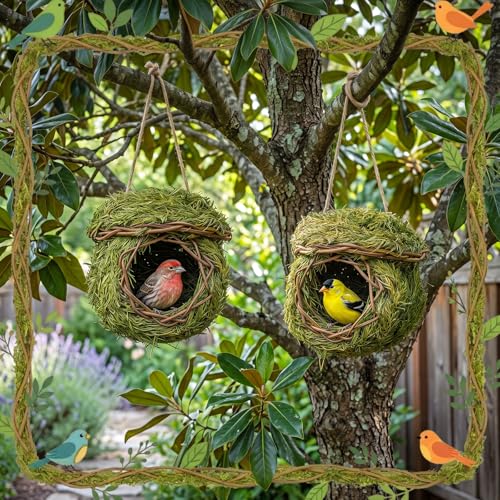 Hotop 4 Pcs 5 x 5.5 Green Grass Birdhouse for Outside Hand Woven Hummingbird Nest House Roosting Pocket Small Natural Fiber Bird Houses for Finch Canary Chickadee Outdoors Hanging Garden Decoration