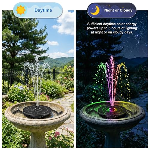 Solar Fountain with LED Lights, Solar Bird Bath Powerd Fountain Works in Cloudy & 2000mAh Battery Backup, 4 Fixed Rods, 7 Nozzles, Outdoor Water Fountain for Brid Bath, Garden, Pool, Pond