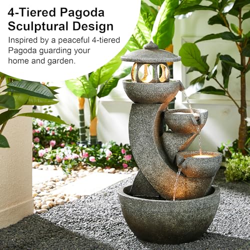Glitzhome Pagoda Outdoor Water Fountain with LED Light, 4-Tier Oversized Cascading Stacked Stone Waterfall Fountains, Natural Stone Look Outdoor Fountain for Garden Patio Porch, 32”H - color: Pagoda