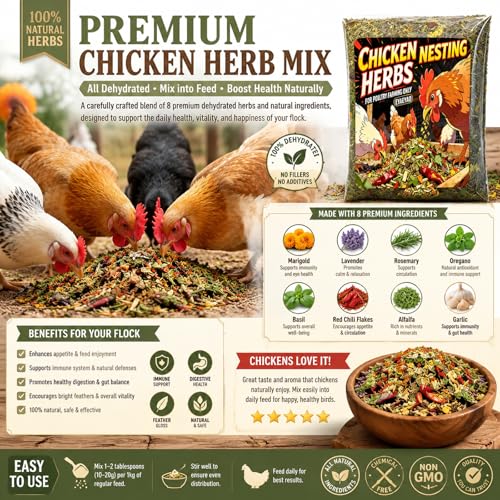 16oz Chicken Nesting Herbs, Dried Herbal Blend for Coop Bedding & Nesting Boxes, Natural Herbs for Chickens with Marigold Lavender Rosemary Oregano Basil, Red Pepper Flakes, Alfalfa, Garlic