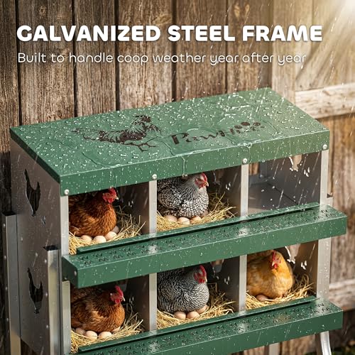 PawHut Chicken Nesting Boxes 6 Compartment for Hens Ducks, Silver | Two-Tier Egg Laying Boxes, Vented Holes, Easy Egg Collection, Metal Nesting Boxes for Chickens - size: 34.1"L x 18.9"W x 34.1"H, style: Roll Away