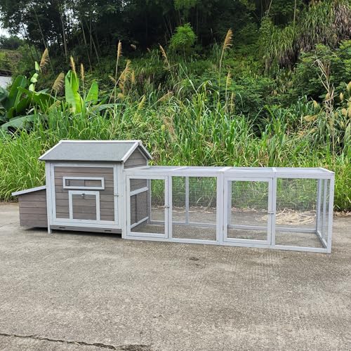 YOPTO Wooden Chicken Coop, 114 in, Outdoor Run, Gray | Solid wood, Asphalt roof, Outdoor run, 2-compartment nesting box, Pull-out tray, Ventilated design - size: 118.0"L x 27.6"W x 36.6"H