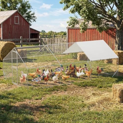 GarveeLife Large Metal Chicken Coop, Chicken Run with Cover, Large Chicken Run with Double Door, Walk in Chicken Coop for Outdoor Farm Yard (19.7 ft L x 9.8 ft W x 6.6 ft H) - size: 232.6"L x 78.7"W x 78.4"H