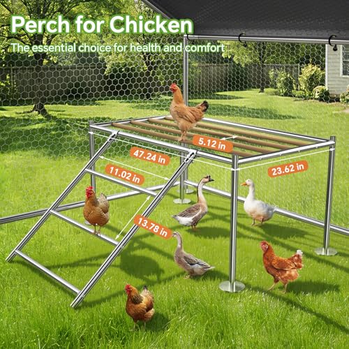 13.1 x 9.8 x 6.4 FT Metal Chicken Coop, Chicken Run with Cover | Walk-in Metal Chicken Coop, Side Hardware Cloth, Waterproof Cover, Roosting Perch, reinforced frame, Backyard & Farm Use - size: 157.3"L x 118.0"W x 78.2"H