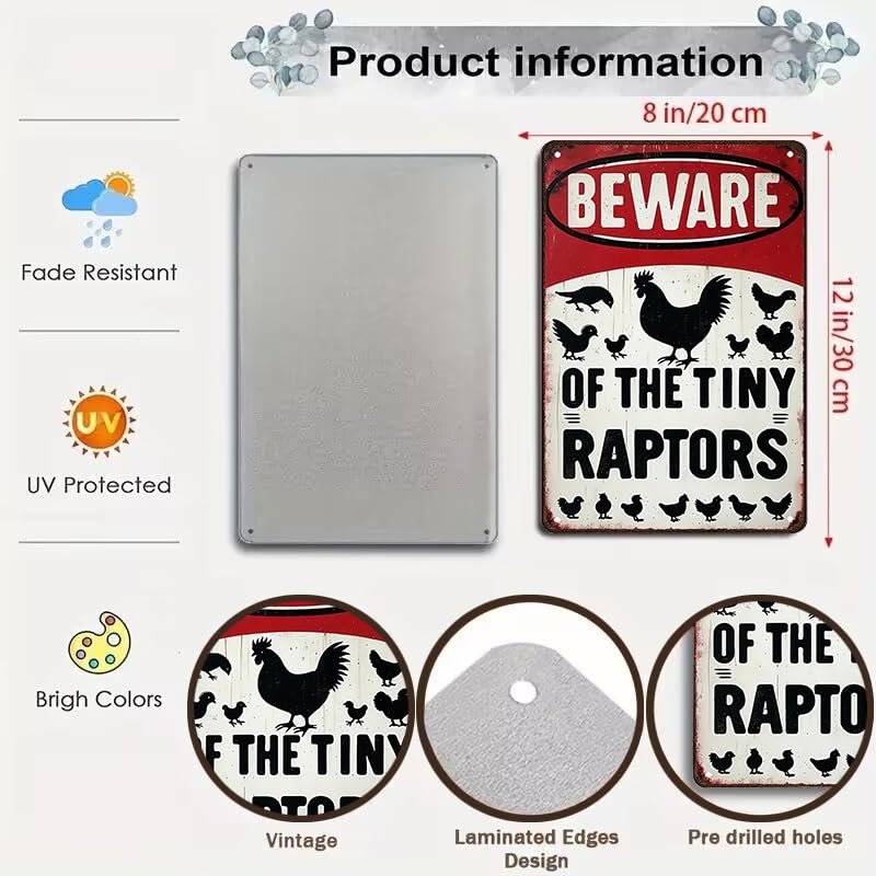 Funny Gifts for Women Chicken Lovers Farm Enthusiasts Beware of The Tiny Raptor Chicken Tin Sign for Chicken Coop Farm Kitchen Garden Yard Decor 8 X 12 Inch (3921) - color: Red