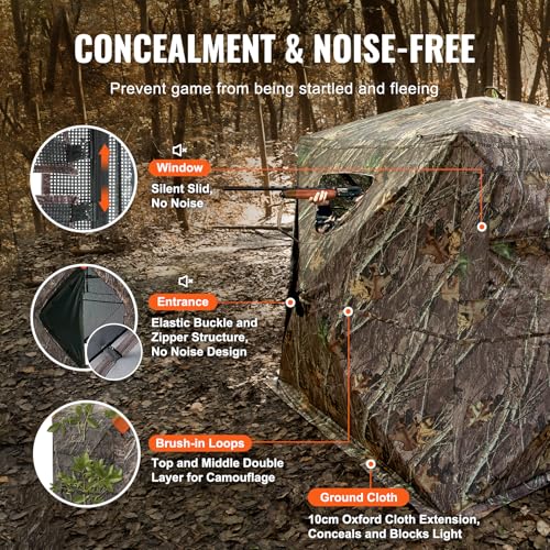 VEVOR Hunting Blind，See Through Ground Blinds with Carrying Bag, 360 Degree Portable Camouflage Tent，Durable Concealed Shelter with Silent Side Door and Window, for Turkey and Deer - size: 4-5 Person（270°See Through) (H-69''）