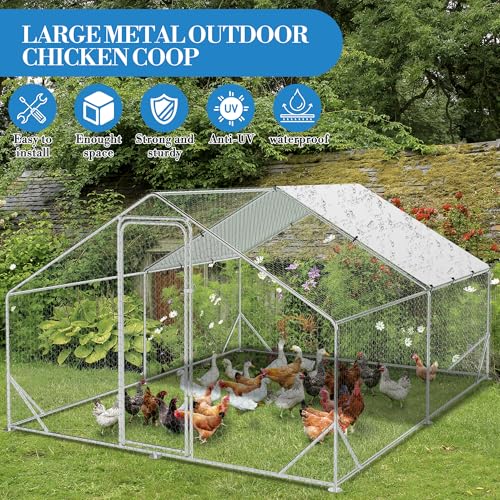 GarveeTech 6.5FT Walk in Chicken Coop Metal, Large Chicken Run with Triangular Brackets, Waterproof & Anti-UV Cover, Poultry Cage for Duck Goose Rabbit, Hen House for Yard Backyard Farm, 6.6' h - size: 9.8' x 13.1' x 6.6'