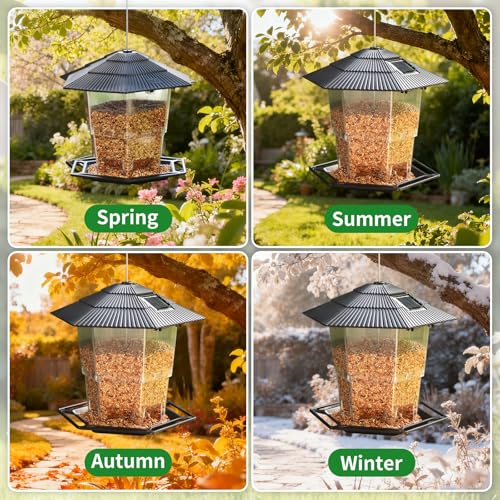 Solar Bird Feeder for Outdoors Hanging,Hanging Wild Bird Feeders with S Hook for Blue Bird, Cardinals, Finches,Wild Birds Seed Feeder, As Gift for Bird Lovers（Black） - color: Black Solar Bird Feeder