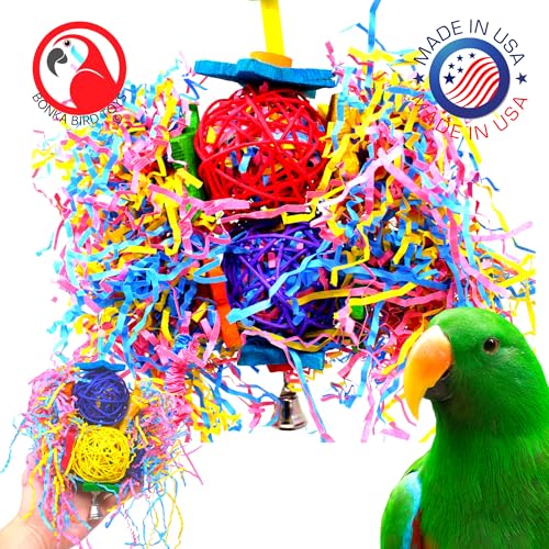 Bonka 1853 Duo Foraging Star 10" x 6" Vine Wood Toy for Large Birds | Multiple chewable textures with vine balls, wooden stars, shreddy paper, and bell for engaging enrichment - size: Duo