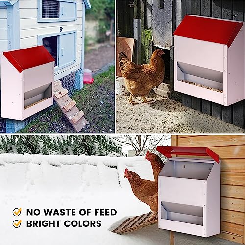 Galvanized Wall Mount Chicken Feeder No Waste Hanging Chicken Feeder with Lid Weatherproof Metal Automatic Poultry Feeder Trough Food Dispenser for Outside Coop (23 lbs)