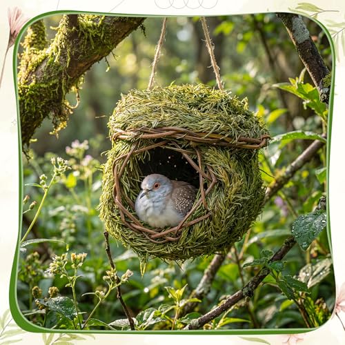 Hotop 4 Pcs 5 x 5.5 Green Grass Birdhouse for Outside Hand Woven Hummingbird Nest House Roosting Pocket Small Natural Fiber Bird Houses for Finch Canary Chickadee Outdoors Hanging Garden Decoration
