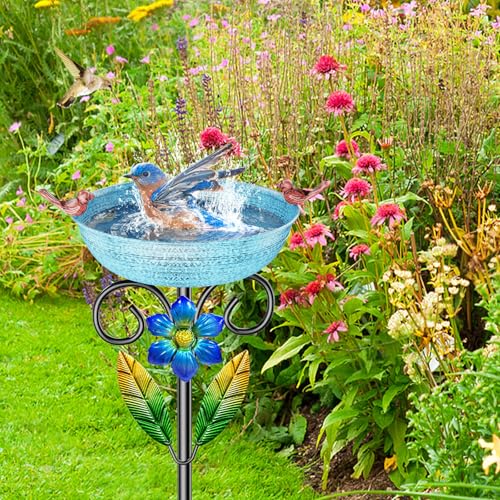 Metal Outside Bird Bath, 42“ Freestanding Garden Birdbath for Outdoor, Blue | SHUONIVS Bird Baths Feeder Bowl Detachable Decoration Spa Birdfeeder forPatio Yard Lawn Decor, 10" Dia Bowl with Stake - style: Blue+Flower