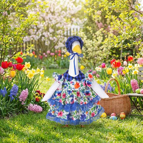 Abbylike Summer Porch Goose Outfits Flower Lolita Dress with Hat Floral Lawn Goose Clothes Fits Large 23'' Cement Statue for Summer Outdoor Garden Yard Patio Pathway Art Decorations - style: Vivid Spring