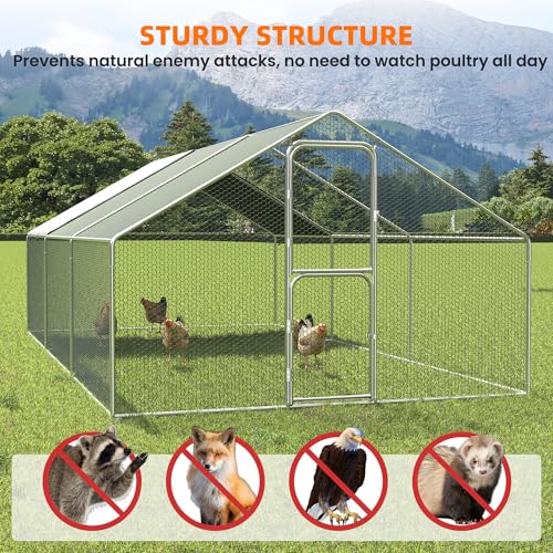 UDPATIO Large Metal Chicken Coop Run House, Walk in Heavy Duty Outdoor Enclosure w/Cover for 30+ Chickens, Ducks, Rabbits - Predator Proof Poultry Pen Habitat Hutch | Double Feed Door UV-Resistant Cover Galvanized Frame Outdoor Cage for Bird Duck Rabbit H