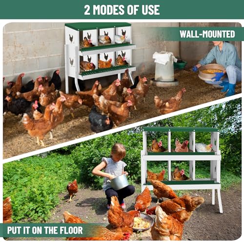 Galvanized Steel Chicken Nesting Box 6 Grids, Metal Egg Laying Boxes for Hens with Hinged Lid and Ventilated Design, Easy Clean Poultry Nest Box for Chicken Coop Accessories, Green, with Legs - color: Green, size: 6 Holes with Legs