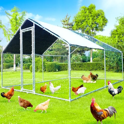Large Metal Chicken Coop, Chicken Runs for Yard with Cover Walk-in Poultry Cage for 10 20 Chickens, Chicken Pen Duck Coop with Water-Resident Top and Feeding Door, Spire Hen House 12.8Lx9.84Wx6.6H FT - size: 153.6"L x 118.0"W x 79.2"H
