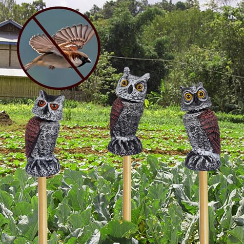 Hausse 3 Pack Bird Scarecrow Fake Horned Owl Decoy, Rotating Head Plastic Owl Bird Deterrents, Nature Enemy Horned Pest Repellent for Outdoor Garden - size: 3 Pack, Rotating Head